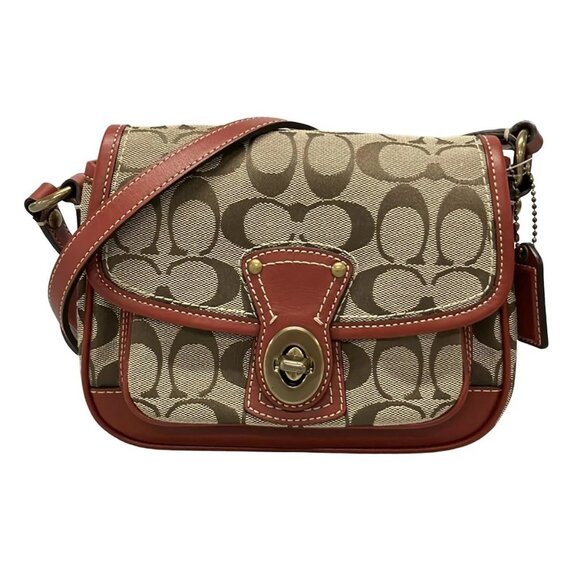 Auth COACH Signature Cricket Shoulder Bag 10566S Khaki Red Jacquard Leather - Picture 1 of 16